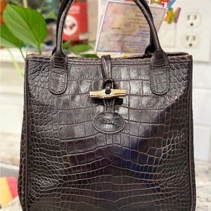 Longchamp Dark Brown Crocodile-Embossed Satchel